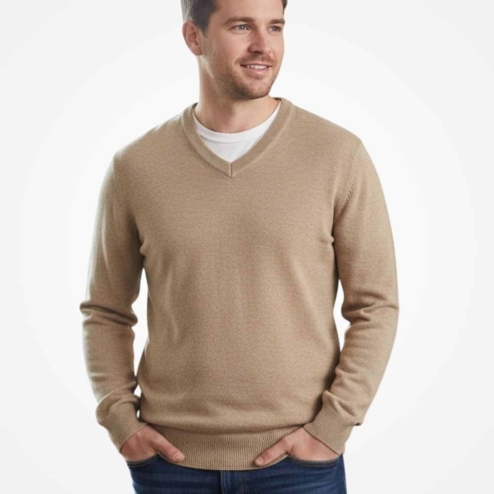 Calvin Klein Mens V-Neck Tan Sweater Size‎ 2XL Classic Pullover Neutral Preppy
